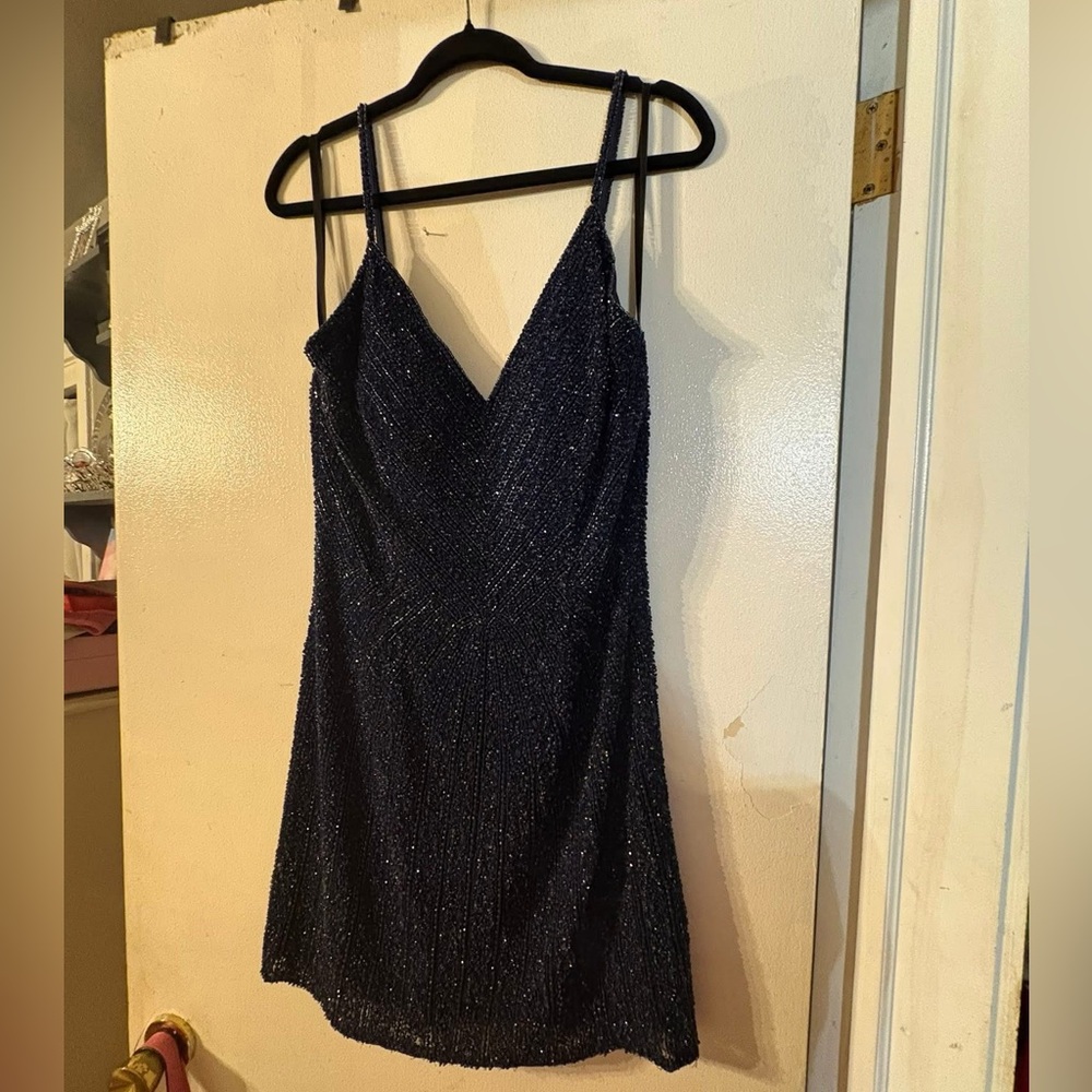 Elegant Sherri Hill Navy Blue Glitter Dress